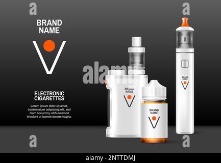 Sfondo vape realistico con set di dispositivi elettronici per la vaporizzazione delle sigarette con testo modificabile e immagine vettoriale del logo Illustrazione Vettoriale