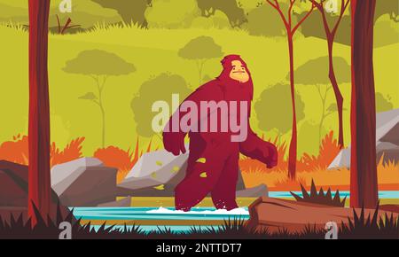 Yeti camminando in solitudine in legno cartoon colorato sfondo piatto vettore illustrazione Illustrazione Vettoriale