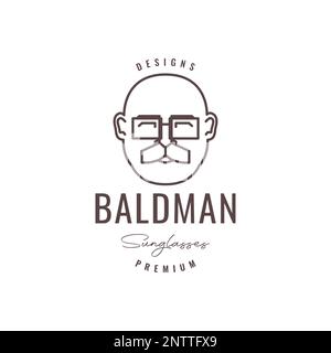 cartone animato sorriso vecchio calvo testa occhiali da sole baffi linea hippster logo design vettore Illustrazione Vettoriale