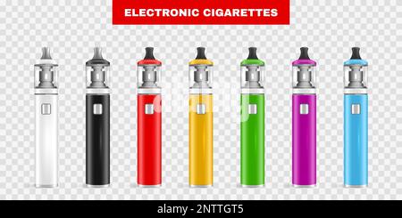 Set di sigarette elettroniche vape realistiche con immagini isolate di vapori colorati su sfondo trasparente con testo vettoriale Illustrazione Vettoriale