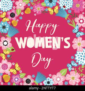Biglietto d'auguri vettoriale per la Giornata internazionale della donna. Il 8 marzo, un segno con un arredamento di piante primaverili, foglie, fiori e farfalla Illustrazione Vettoriale