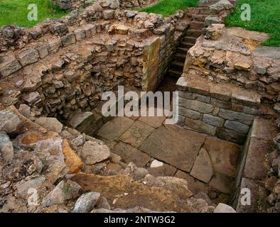 Vista N della stanza sotterranea forte nell'edificio principale (principia) del forte romano C2ndAD a Corbridge, Northumberland, Inghilterra, Regno Unito. Foto Stock