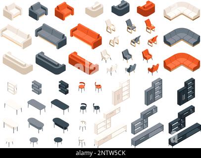 Arredamento per la casa isometrico colore interno set di icone isolate da sedie a divani e armadi a muro illustrazione vettoriale Illustrazione Vettoriale