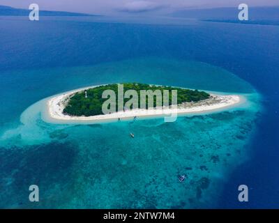 La piccola isola chiamata Tabuhan nelle belle acque cristalline dello stretto di Bali. Banyuwangi. Indonesia. Riprese aeree scattate con il drone. Foto Stock