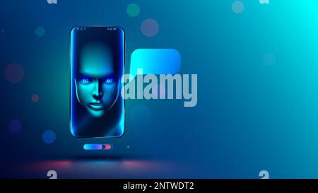 Chatbot con ai dialoga con l'utente attraverso l'app per telefono. Intelligenza artificiale chat online bot su schermo smartphone. Volto di donna futuristica su Avatar Illustrazione Vettoriale