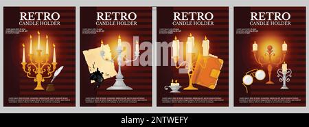 Set poster retrò con quattro sfondi verticali isolati con testo modificabile e grafica vettoriale con illuminazione retrò Illustrazione Vettoriale