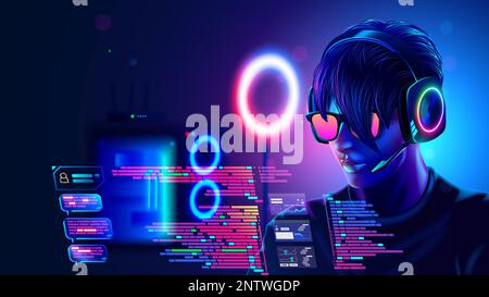 Programmazione programmatore o codificatore su computer testo del codice del programma. Uomo ritratto che lavora su un computer portatile in una stanza buia con luci al neon. Ragazzo con cuffia, Illustrazione Vettoriale