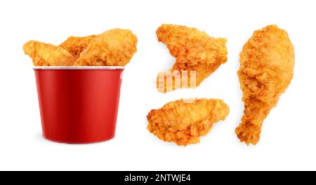 Chicken fast food Set realistico di immagini isolate con ali di pollo fritte confezionate in secchiello di carta illustrazione vettoriale Illustrazione Vettoriale