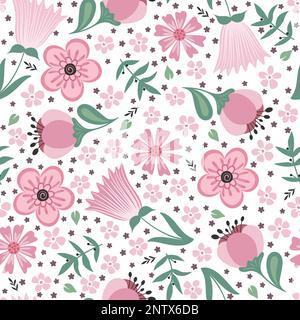 Modello boho senza cuciture con fiori e foglie rosa Illustrazione Vettoriale