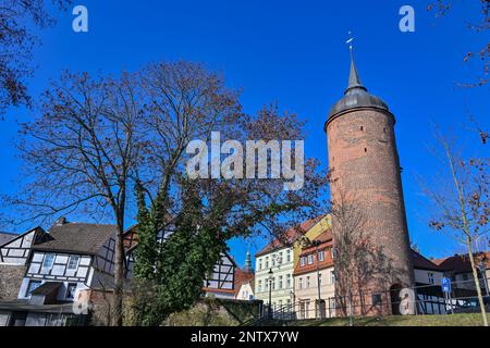 Luckau, Germania. 28th Feb, 2023. La Torre Rossa sulle mura della città. Lo stesso giorno, il governo dello stato di Brandeburgo ha tenuto un incontro congiunto con l'amministrazione distrettuale di Dahme-Spreewald a Luckau. Nella serie 'Cabinet on site', gli argomenti attuali e i progetti comuni sono stati discussi sotto la guida del presidente del ministro Dietmar Woidke (SPD) e dell'amministratore distrettuale Stephan Loge (SPD). Luckau ospita attualmente circa 10.000 persone. Credit: Patrick Pleul/dpa/Alamy Live News Foto Stock