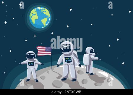 Carino piccolo astronauta in piedi sulla luna con USA flag.Space mission.childish vettore illustrazione Illustrazione Vettoriale