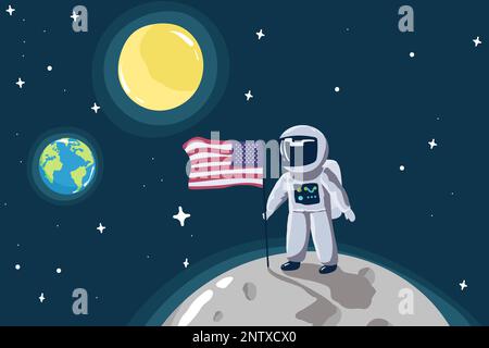 Simpatico piccolo astronauta in piedi sulla luna con la missione USA flag.Space. Illustrazione del vettore infantile, Illustrazione Vettoriale