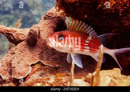 Dipinto ad acquerello creato digitalmente di Squirrelfish Olocentrus adscensionis nella barriera corallina del Mar dei caraibi Foto Stock