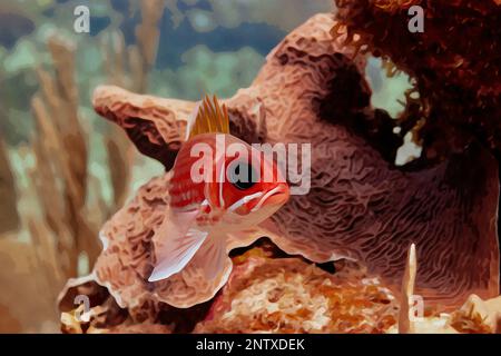 Dipinto ad acquerello creato digitalmente di Squirrelfish Olocentrus adscensionis nella barriera corallina del Mar dei caraibi Foto Stock