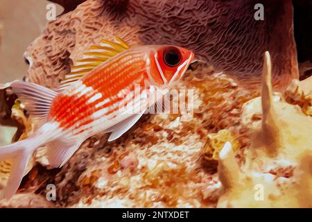 Dipinto ad acquerello creato digitalmente di Squirrelfish Olocentrus adscensionis nella barriera corallina del Mar dei caraibi Foto Stock