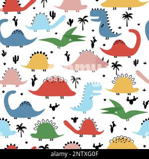 Motivo senza cuciture con simpatiche stampe di dinosauri, palme e cactus per bambini. Illustrazione Vettoriale