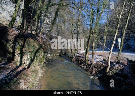 Europa, Lussemburgo, Mullerthal, attraversando il fiume Nero Ernz vicino alla cascata Schiessentumpel e all'autostrada CR121 Foto Stock