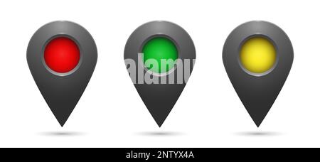 Icone di geolocalizzazione realistiche con inserti gialli, verdi e rossi su sfondo bianco. Illustrazione Vettoriale