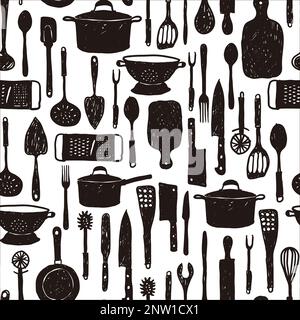 Set di utensili da cucina con disegno senza cuciture. Diversi utensili da cucina in stile doodle nero su sfondo isolato. Illustrazione del vettore monocromatico per bo Illustrazione Vettoriale