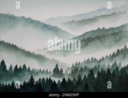 Paesaggio acquerello, foresta sempreverde in montagne nebbiose. Cartolina natura selvaggia, nebbia, nebbia, montagne. Sfondo acquerello orizzontale. Acquerello originale disegno a mano granulando acquerello Foto Stock