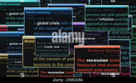 Crisi globale inflazione disoccupazione guerra commerciale recessione. Titolo news titoli International media abstract concetto 3D illustrazione. Foto Stock