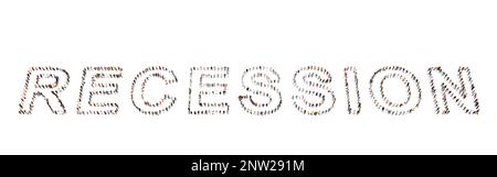 Concetto o comunità concettuale di persone che formano la parola RECESSIONE. metafora dell'illustrazione 3d per il declino dell'attività economica e finanziaria Foto Stock