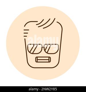 Carattere giallo quadrato freddo in occhiali colore linea icona. Mascotte di emozioni. Pittogramma per pagina web, app mobile, promo. Illustrazione Vettoriale