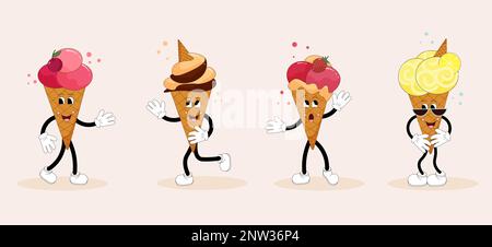 Set di personaggi per gelato. Divertenti, dischievose e simpatiche illustrazioni in stile cartoon. Illustrazione Vettoriale