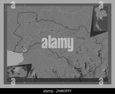 Chachoengsao, provincia della Thailandia. Mappa altimetrica bilivello con laghi e fiumi. Posizioni delle principali città della regione. Posizione ausiliaria angolo ma Foto Stock