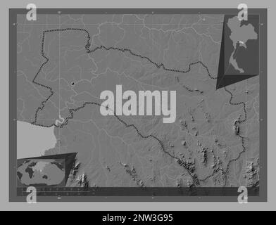 Chachoengsao, provincia della Thailandia. Mappa altimetrica bilivello con laghi e fiumi. Mappe delle posizioni ausiliarie degli angoli Foto Stock