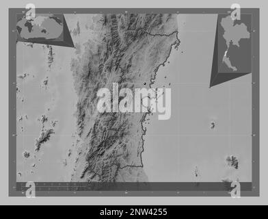 Chumphon, provincia della Thailandia. Mappa in scala di grigi con laghi e fiumi. Mappe delle posizioni ausiliarie degli angoli Foto Stock