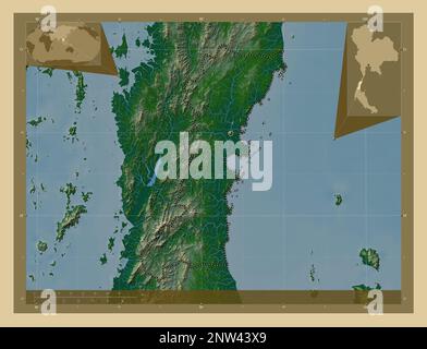 Chumphon, provincia della Thailandia. Mappa di altitudine colorata con laghi e fiumi. Mappe delle posizioni ausiliarie degli angoli Foto Stock