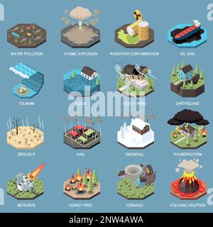 Icone isometriche di disastri naturali e tecnologici con conseguenze del cambiamento climatico e cataclismi illustrazione vettoriale isolata Illustrazione Vettoriale