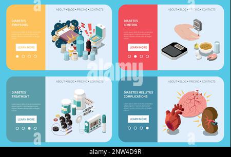 Banner isometrico per diabete con sintomi e simboli di trattamento illustrazione del vettore isolato Illustrazione Vettoriale