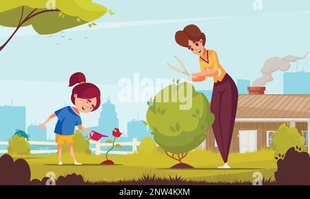 Poster cartoon bambini ben educati con la ragazza aiutare mamma in giardino vettore illustrazione Illustrazione Vettoriale