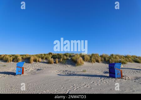 Sedie a sdraio sulla spiaggia di Juist, Isole Frisone Orientali, Germania. Foto Stock