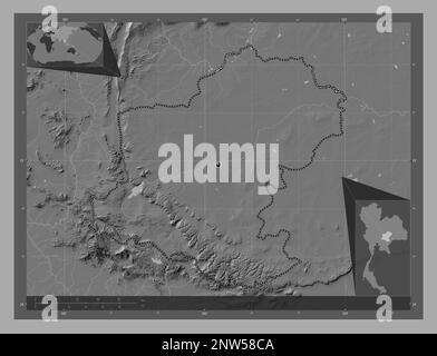 Nakhon Ratchasima, provincia della Thailandia. Mappa altimetrica bilivello con laghi e fiumi. Mappe delle posizioni ausiliarie degli angoli Foto Stock