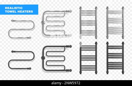 Set realistico di scaldasalviette isolate in argento e nero su sfondo trasparente Illustrazione Vettoriale