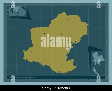 Nakhon Ratchasima, provincia della Thailandia. Forma a tinta unita. Posizioni delle principali città della regione. Mappe delle posizioni ausiliarie degli angoli Foto Stock