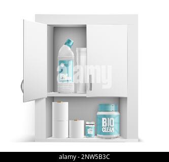 Scaffali bianchi e realistici con bottiglie di detergente e rotoli di carta igienica per interni bagno Illustrazione Vettoriale