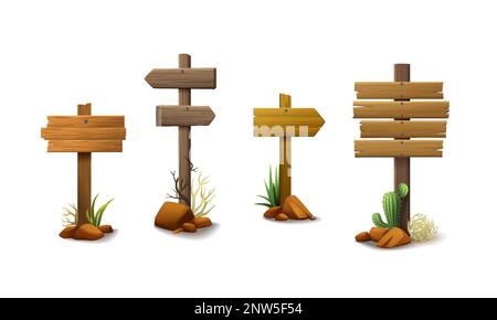 Set di cartoni animati selvaggi ad ovest di quattro pali di legno isolati con frecce vuote sull'illustrazione vettoriale di sfondo vuota Illustrazione Vettoriale