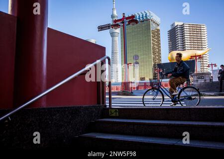 Ciclista. Nel cielo di sfondo albero, Asahi building e Azuma bridge, dall ingresso della metropolitana, il quartiere di Asakusa, Tokyo, Giappone. Foto Stock