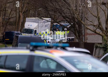 La ricerca continua per il bambino dopo l'arresto di Costanza Marten e Mark Gordon a Brighton. Poco prima delle 21:30hrs di lunedì 27 febbraio, un membro del pubblico ha segnalato un avvistamento di Costanza Marten e Mark Gordon a Stanmer Villas, Brighton. Ufficiali della polizia del Sussex hanno assistito al posto e la coppia è stata arrestata. Rimangono in custodia. Il bambino è ancora mancante e un'operazione di ricerca urgente sta avvenendo nella zona. Foto Stock