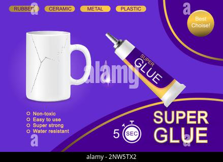 Contenitori per bottiglie di colla composizione pubblicitaria con sfondo viola testo modificabile e super tubo colla con illustrazione vettoriale a tazza Illustrazione Vettoriale