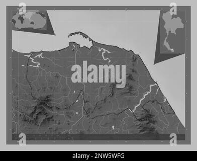 Pattani, provincia della Thailandia. Mappa in scala di grigi con laghi e fiumi. Mappe delle posizioni ausiliarie degli angoli Foto Stock