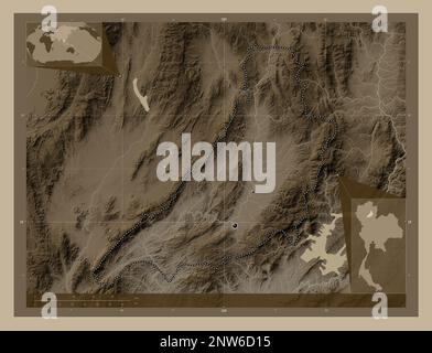 Phrae, provincia della Thailandia. Mappa dell'altitudine colorata in tonalità seppia con laghi e fiumi. Posizioni delle principali città della regione. Pos. Ausiliario angolo Foto Stock