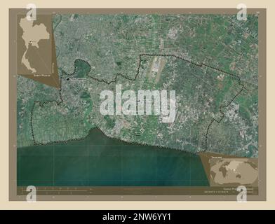 Samut Prakan, provincia della Thailandia. Mappa satellitare ad alta risoluzione. Località e nomi delle principali città della regione. Mappe delle posizioni ausiliarie degli angoli Foto Stock