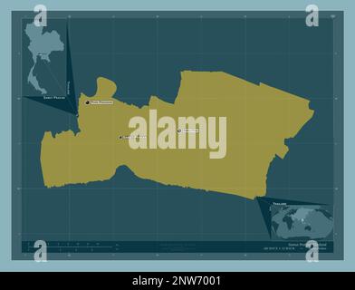 Samut Prakan, provincia della Thailandia. Forma a tinta unita. Località e nomi delle principali città della regione. Mappe delle posizioni ausiliarie degli angoli Foto Stock