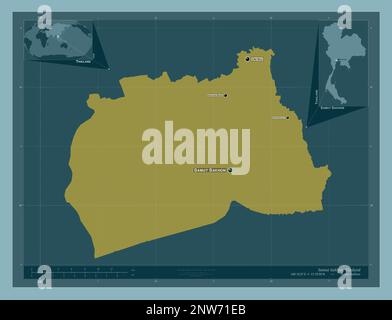 Samut Sakhon, provincia della Thailandia. Forma a tinta unita. Località e nomi delle principali città della regione. Mappe delle posizioni ausiliarie degli angoli Foto Stock