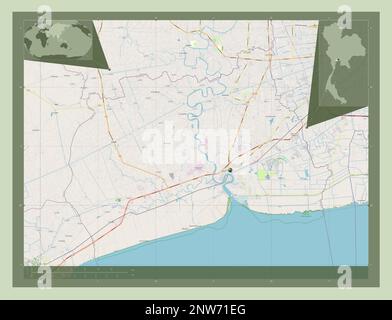 Samut Sakhon, provincia della Thailandia. Aprire la mappa stradale. Mappe delle posizioni ausiliarie degli angoli Foto Stock